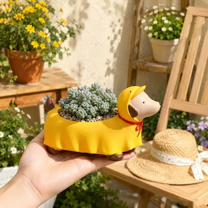 Pot de fleurs en résine en forme de teckel à capuche, pot de plantes miniature, décoration de bureau, balcon, maison, jardin, cadeau pour les amoureux des plantes