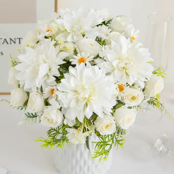 Artificielle Rose Fleurs De Mariage Maison Chambre Cour Décor Bouquet De Mariée Jardin Faux Soie Dahlia Hortensias Vase Pour Planche À L'extérieur