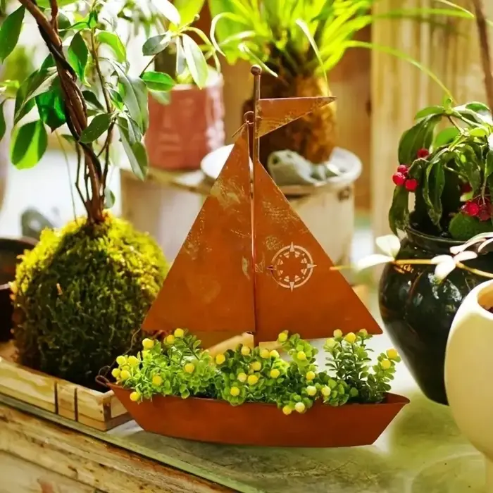 Pot de fleurs rustique en forme de voilier, pot à succulentes vintage nautique fait main en métal, résistant aux intempéries et antirouille, jardinière en forme de bateau