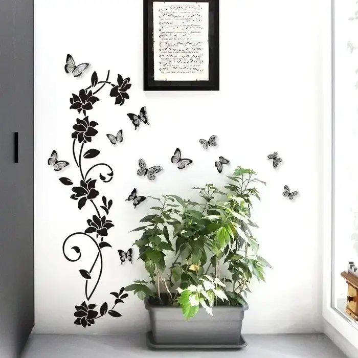 Autocollant mural 3D papillon et fleurs noires