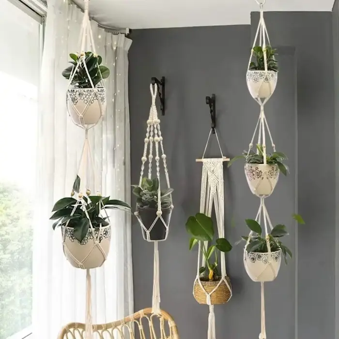 Boho coton corde cintre Pot de fleur fait à la main 4 pieds plante