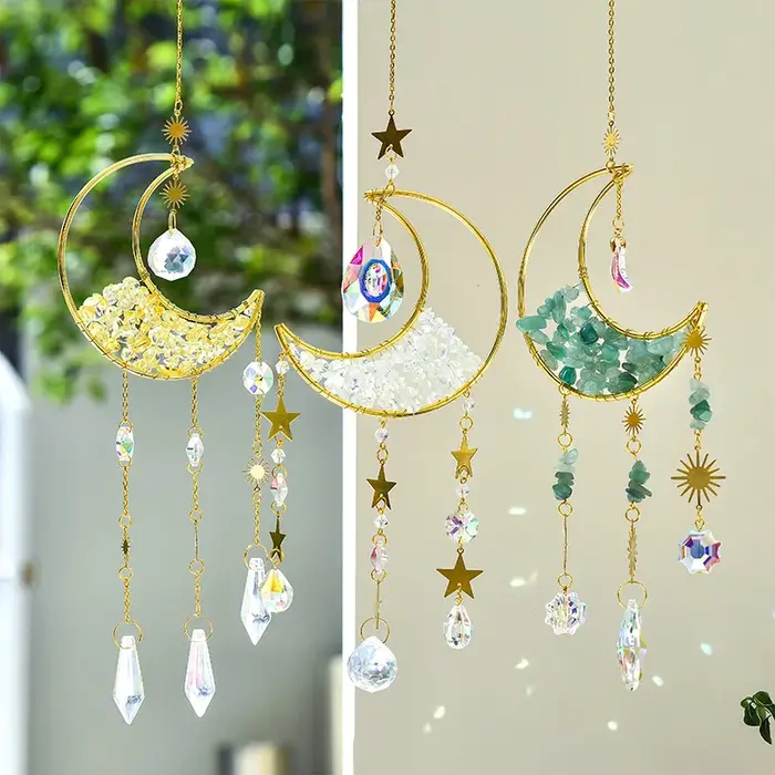 Attrape-soleil en forme de lune, carillon éolien en cristal, pendentif suspendu en métal, diamant ar