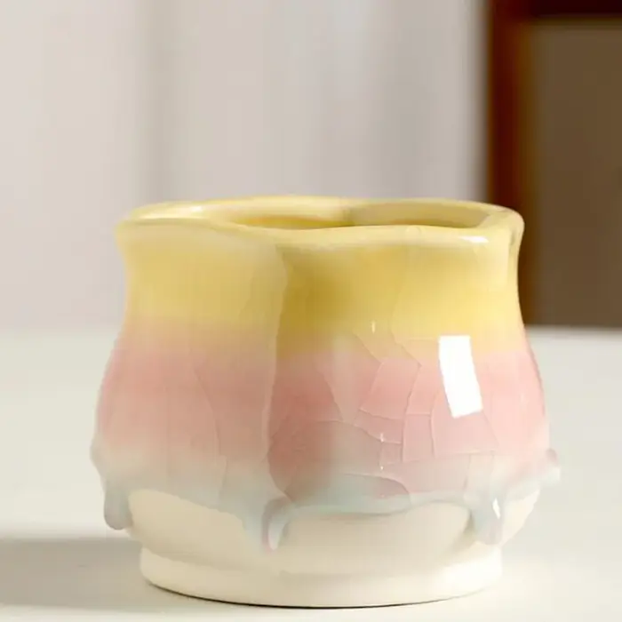 Pot à succulentes en céramique émaillée effet dégradé craquelé