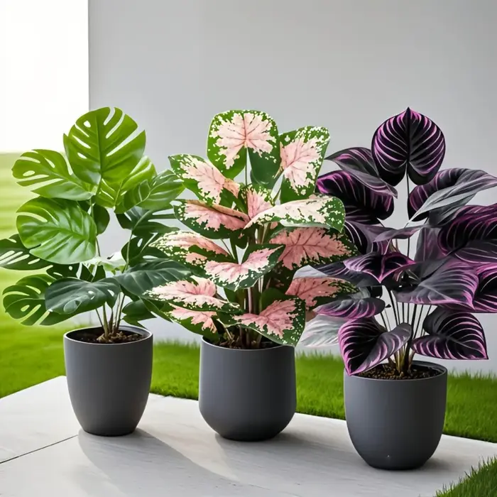 Ensemble de 3 grandes plantes artificielles vertes d'extérieur avec 36 feuilles