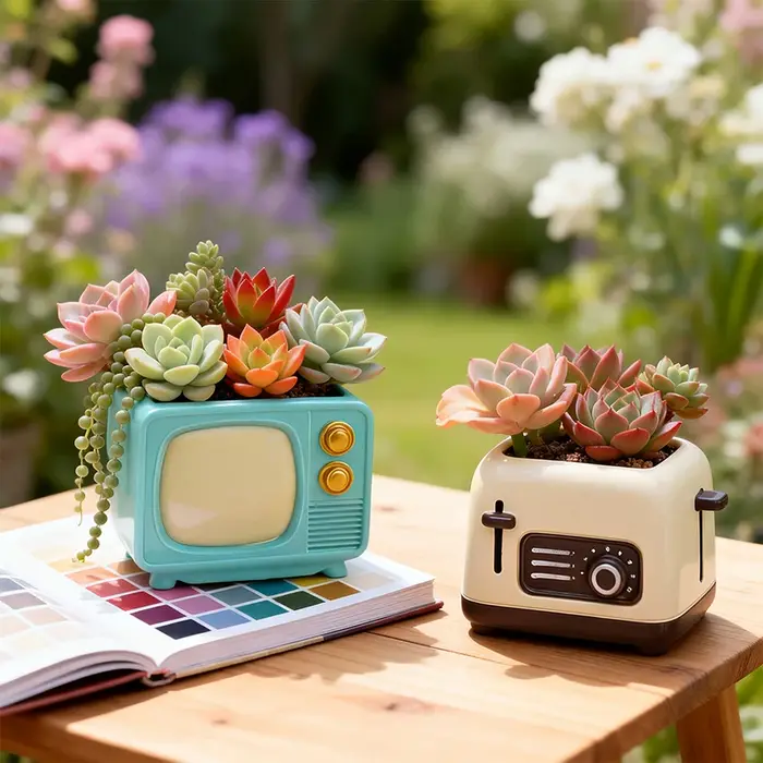 Pot de fleurs vintage en résine en forme de téléviseur