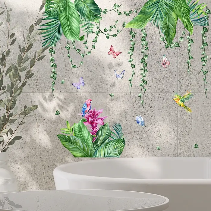 Autocollants muraux de fleurs rouges en plantes vertes