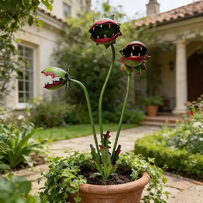 Décoration de jardin en métal peint en forme de fleur carnivore