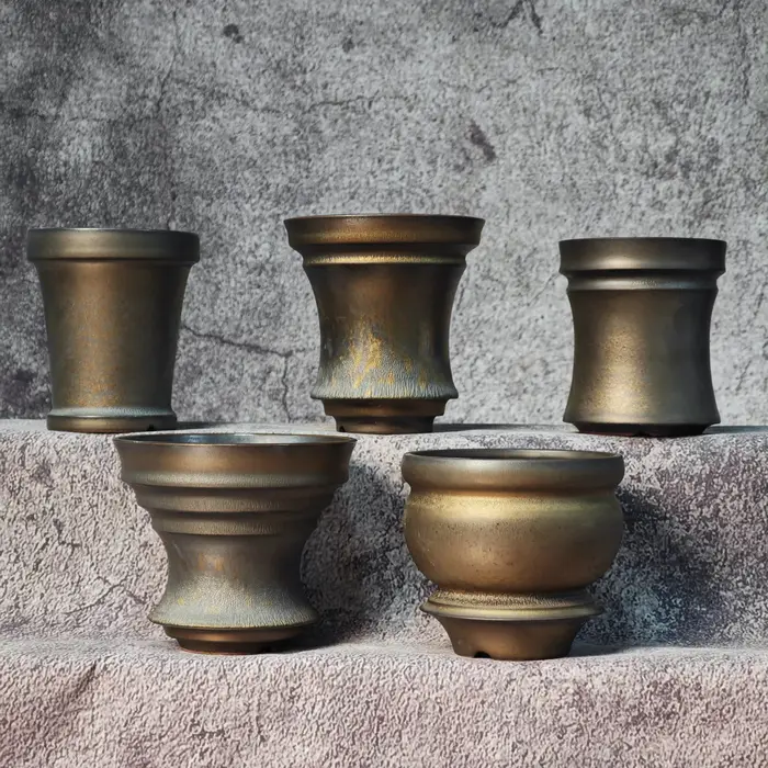 Petit pot en céramique doré fait main, pot de fleurs unique pour bureau, idéal pour Caudex Pachypodium, Cactus, Agave, Plantes succulentes tropicales