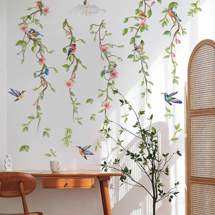 Autocollant mural Branches fleurs oiseaux