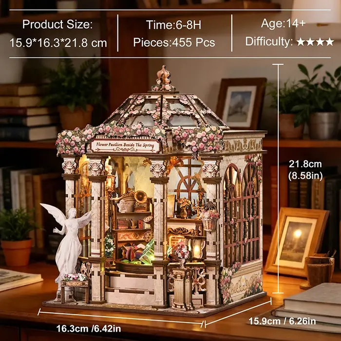 Kit miniature de serre-livres à monter soi-même "Les fleurs s'évanouissent au printemps", modèle de micro-scène en bois assemblé à la main, cadeau créatif