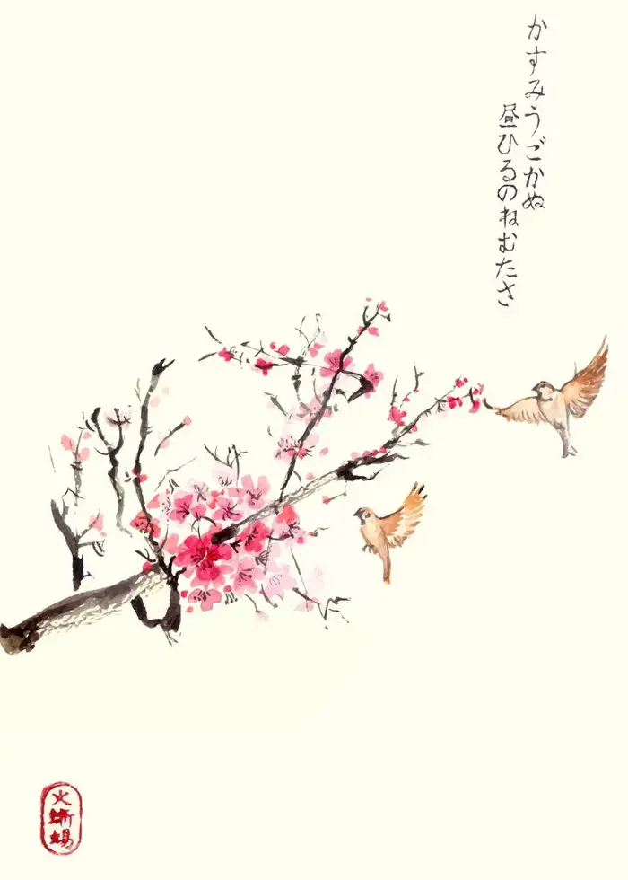 Affiche de fleurs de cerisier Sakura aquarelle japonaise, peinture sur toile de fleurs et d'oiseaux,