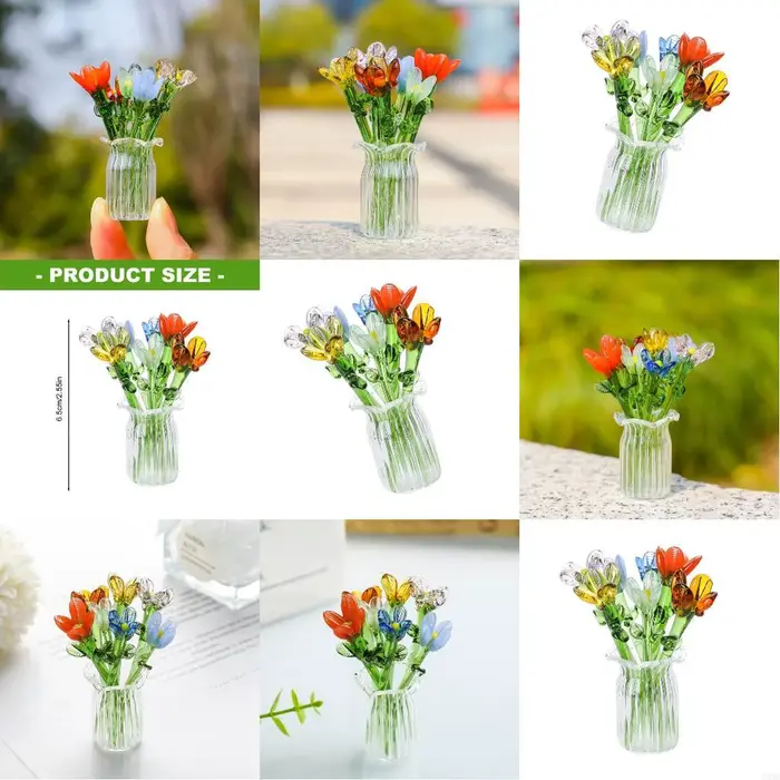 Bouquet fleurs en verre délicat avec Vase, présentoir fleurs miniatures, ajoute mode aux décors bure