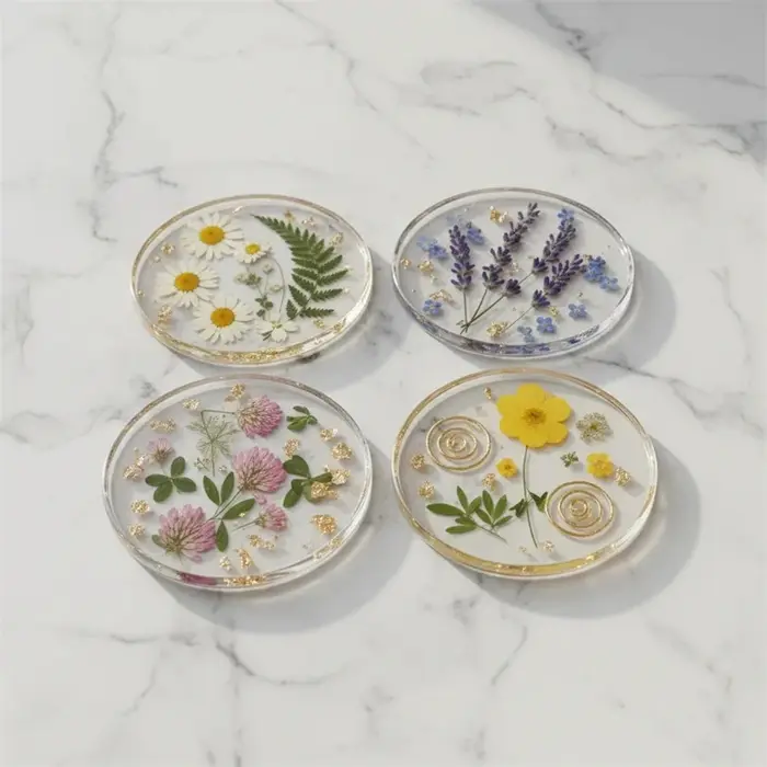 Sous-verres en acrylique avec fleurs pressées