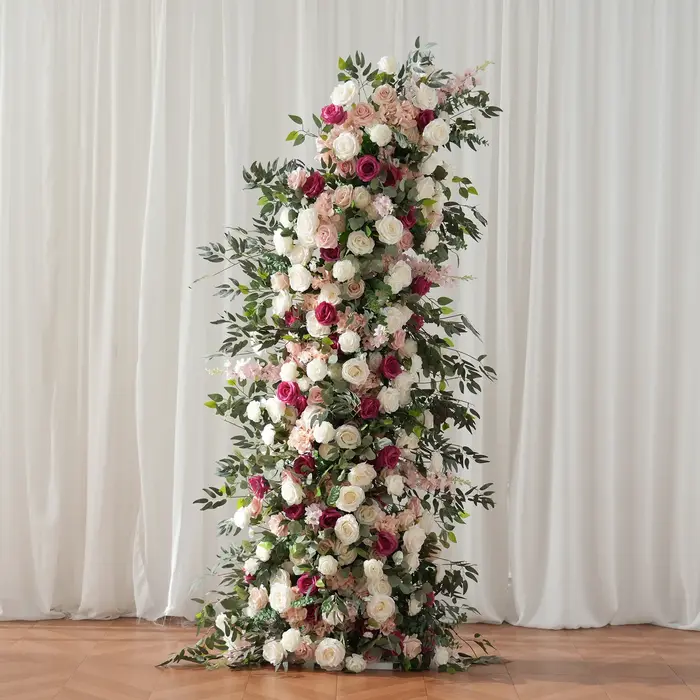 H9094 HMEOT Arche florale artificielle rose vif et feuilles vertes pour décoration de mariage