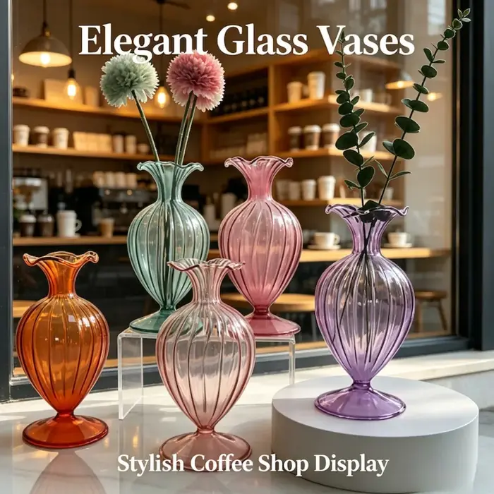 Vase à fleurs en verre coloré côtelé simple