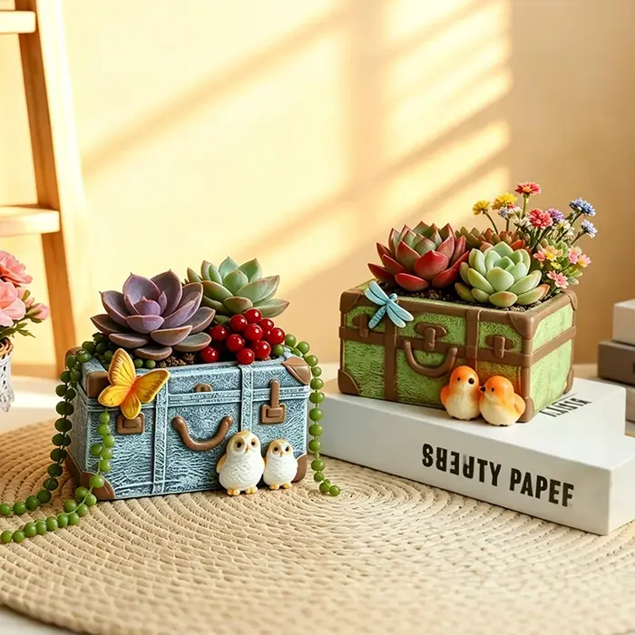 Pot à succulentes en résine style coffre antique avec détails d'oiseaux et de papillons