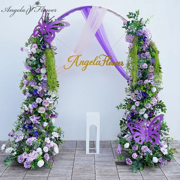 A8728 violet Rose verdure glycine fleur rangée corne arc cadre décor fournitures mariage scène sol Floral Arrangement accessoires