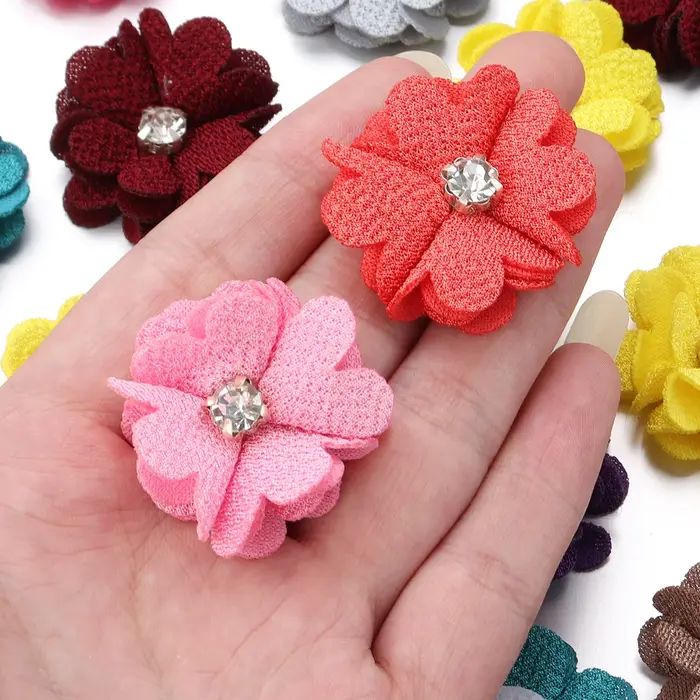 Fleurs en tissu toile de jute 3.5cm, 10 pièces/lot, fleurs artificielles centrées en strass pour bricolage, artisanat, accessoires pour vêtements, décoration de mariage