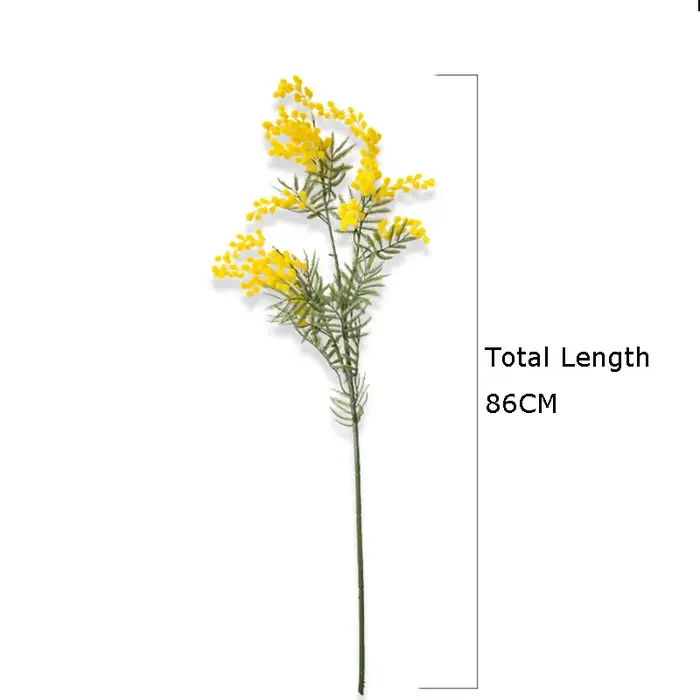 1 pièce, branche de fleur de mimosa artificielle blanche et jaune de 86 cm avec feuilles vertes, décoration de mariage, décoration de la maison, fleur d'acacia en soie, plantes artificielles