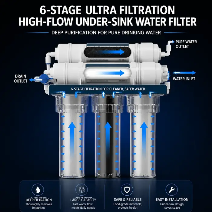 Purificateur d'eau à ultrafiltration 6 étapes, grand débit, anti-calcaire, filtre sous évier pour robinet d'eau, purification domestique de cuisine