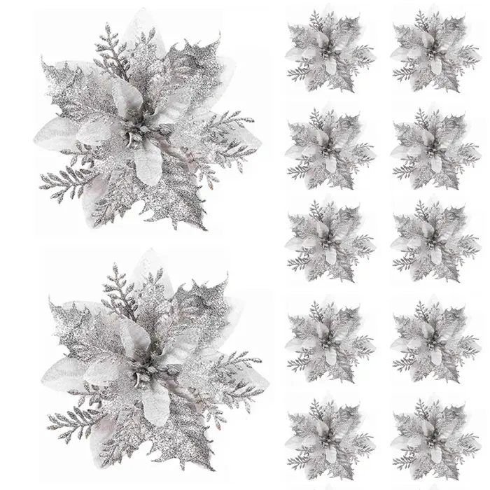 Poinsettias artificielles à paillettes de noël, 12 pièces, fleurs avec Clips, ornement de fleur d'ar