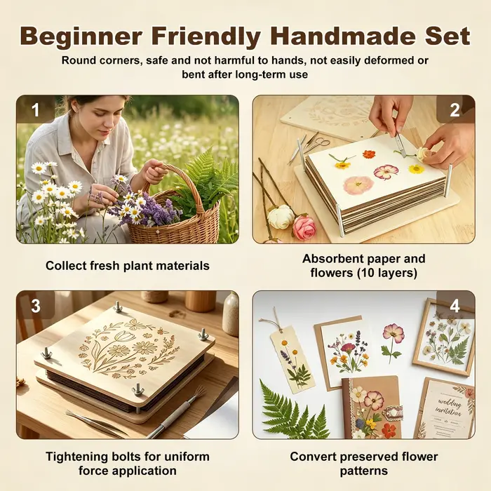 Kit de presse à fleurs 11"x11" DIY, kit professionnel de pressage de fleurs et de feuilles, outil de pressage de plantes en bois à 10 couches pour l'artisanat