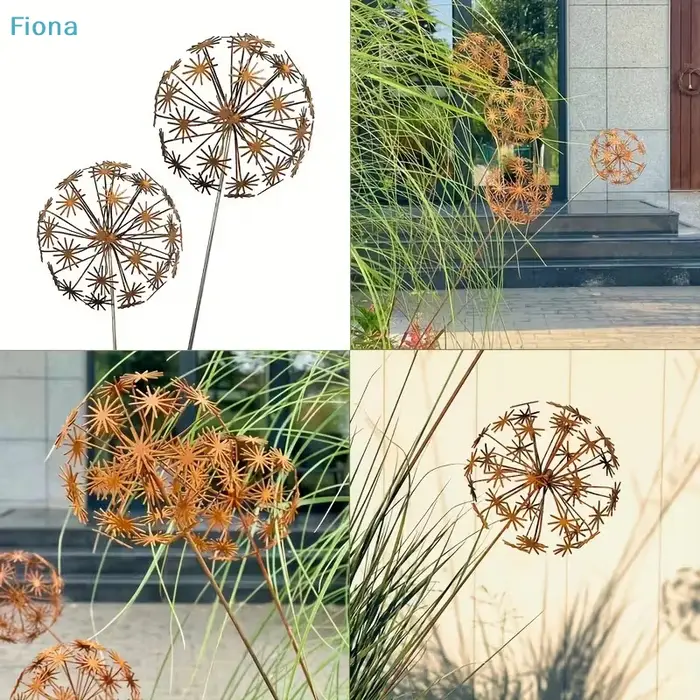 ☽ Piquets de jardin en métal rouillé en forme de pissenlit – Décoration