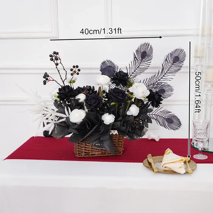 Décoration de centre de table pour banquet, série de paniers noirs, arrangement floral de roses et p