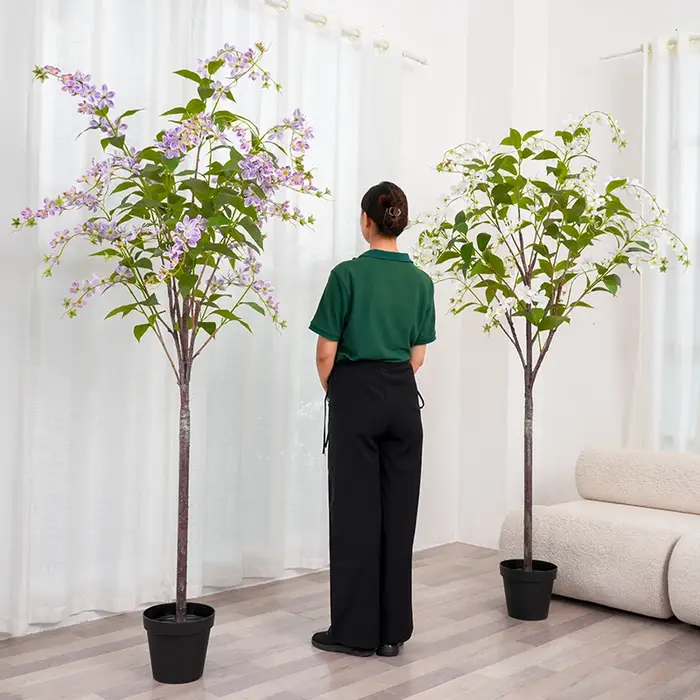 Banian-Fleur Artificielle Violette et Blanche avec Pot
