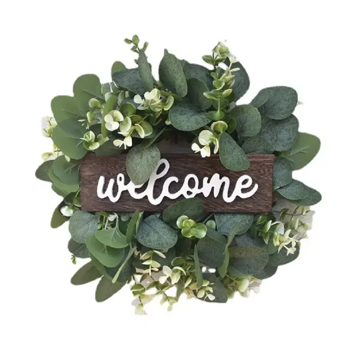 Couronne de bienvenue en feuilles d'eucalyptus de 12 pouces pour porte d'entrée