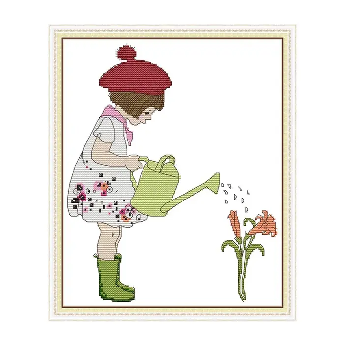 Kit de broderie au point de croix « Fille arrosant les fleurs », toile imprimée Aida 14ct 11ct, brod