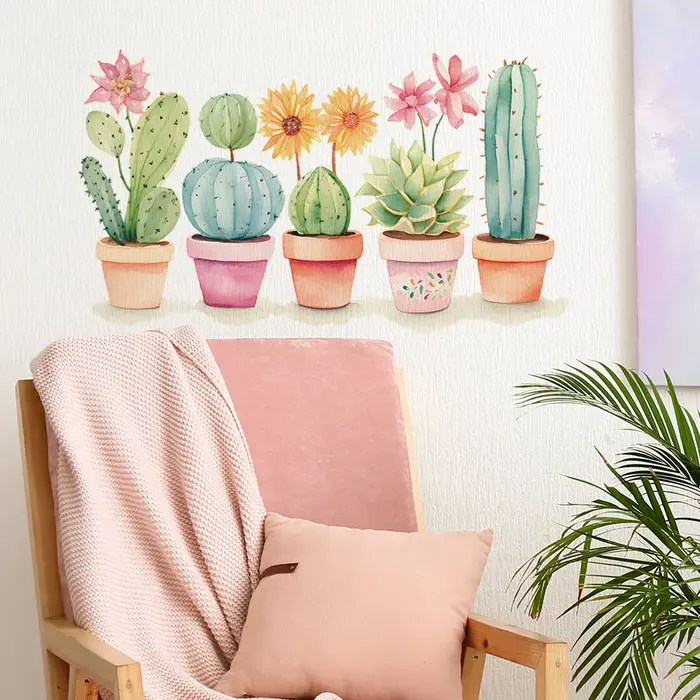 1 pièces dessin animé plante verte Cactus maison chambre salon fond décoration embellir pâte murale auto-adhésive