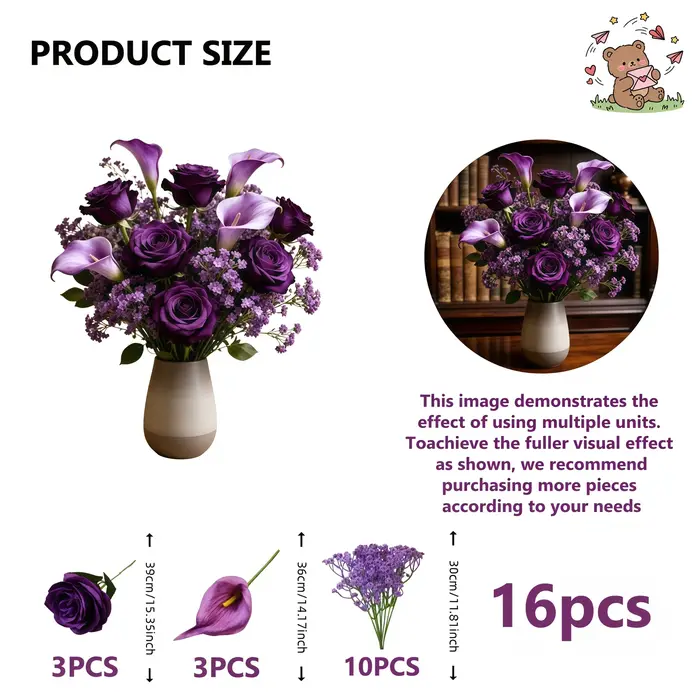 16 pièces (sans vase : 3 roses violettes + 3 lys calla violets + 10 fleurs de gypsophile violette) Bouquet de fleurs artificielles violettes, comprenant des roses violettes, des lys calla et des fleur