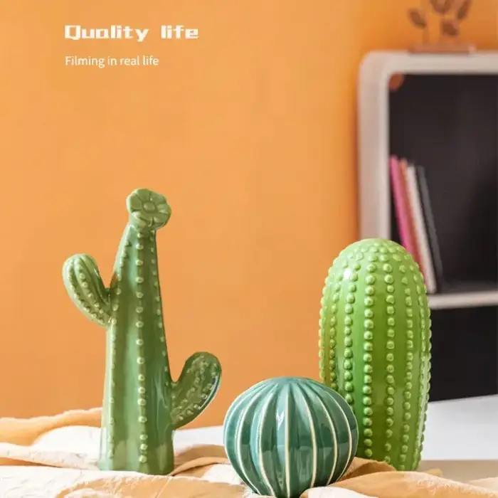 Ornement en céramique vert cactus figue de Barbarie, style minimaliste nordique, artisanat artistique, décoration de bureau, hall d'entrée, salon, décoration intérieure
