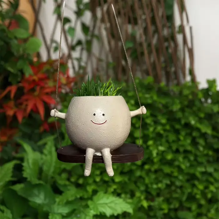 Jardinière de visage de sourire de chaise/balançoire, jardinières de tête mignonnes suspendues en ré
