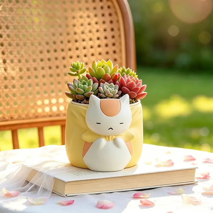 Pot de fleurs en résine chat bouffon endormi