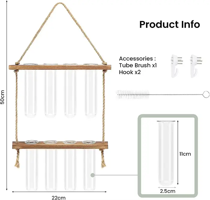 Tube à essai mural, Vase pour plantes de jardinière en verre avec support en bois et corde à cordes,