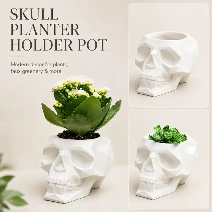 Pot de fleurs en forme de crâne, pot de fleurs gothique en polygone bas pour plantes succulentes, décoration intérieure pour étagère de bureau, cadeau de décoration pour Halloween.