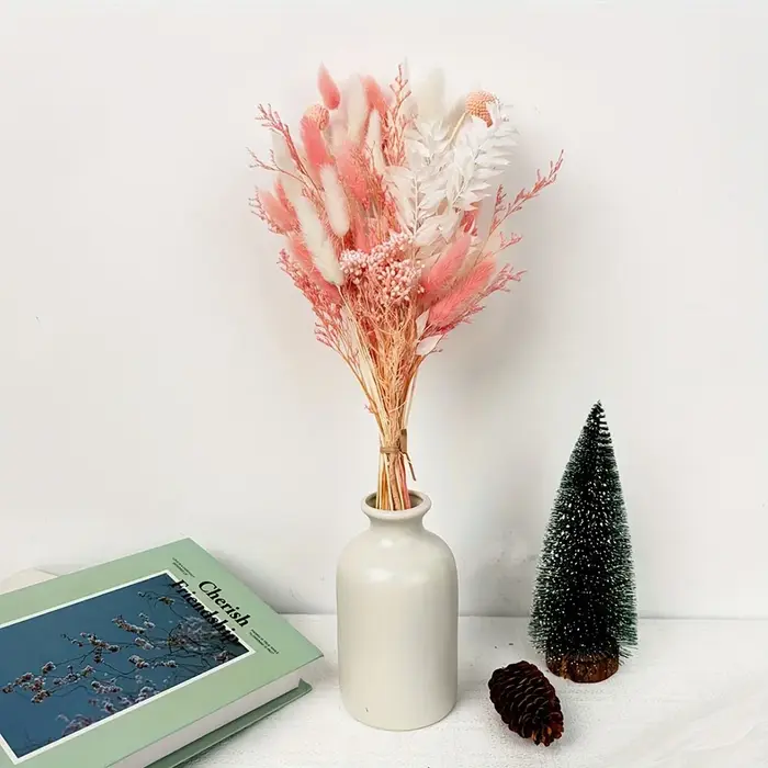 Bouquet de fleurs séchées roses éternelles, queues de lapin naturelles, herbe, cadeaux de vacances pour la saint-valentin, décoration de chambre à coucher, Souvenirs de mariage