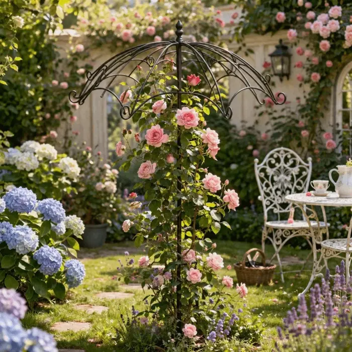 Treillis en forme de parapluie pour arrangement floral, support décoratif ajouré en fer, style rustique, pour plantes grimpantes, jardin de villa