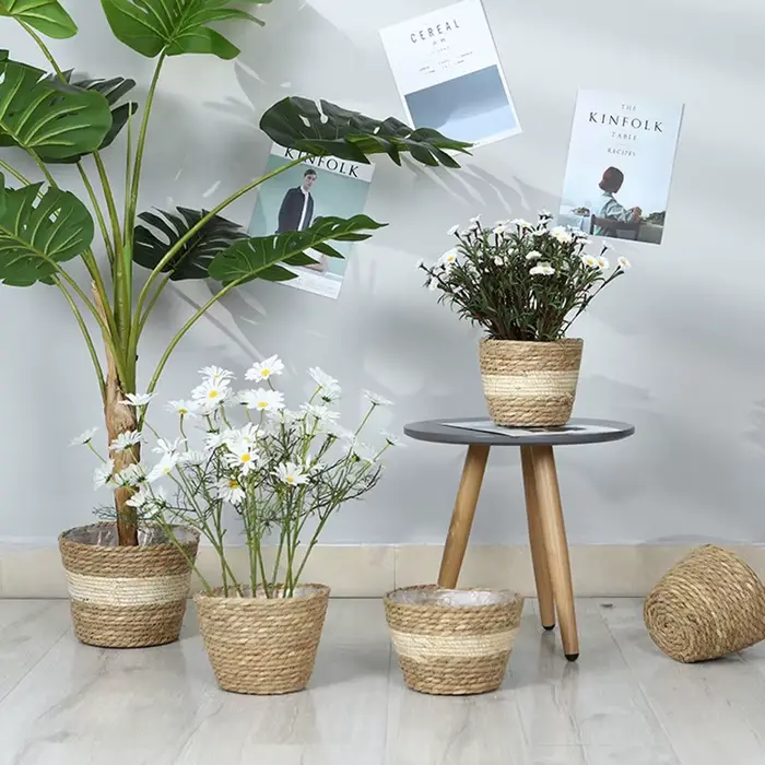 Pot de plantes à fleurs tissées en paille, panier de jardinière d'herbe, couverture de Pot de fleurs