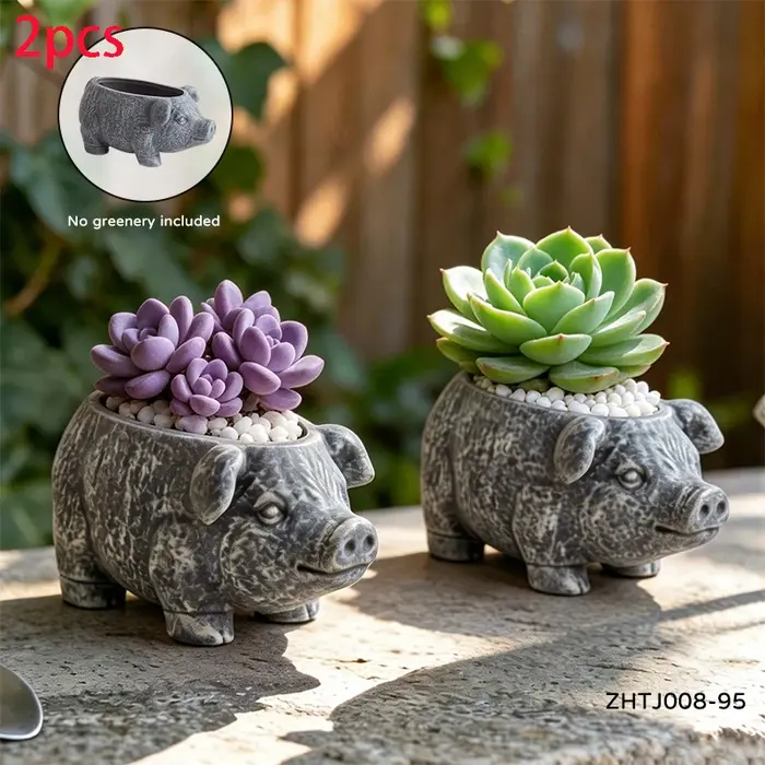 Wabi Sabi Weathered Pig Resin Planter Distressed Animal Succulent Pot for Balcony Patio Rustic Minimalist Garden Accent