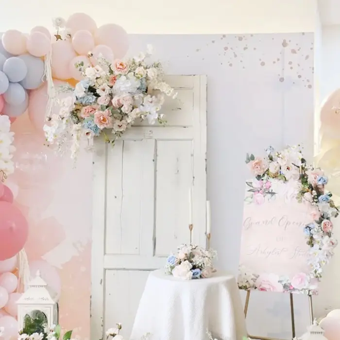 Blush blanc bleu clair fleurs artificielles décoration de mariage Pastel rose coin Swag arc fleur Arrangenmet Table pièce maîtresse