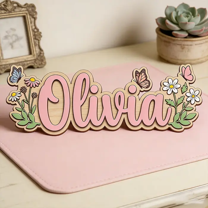 Plaque nominative personnalisée en bois avec marguerites et papillons pour chambre d'enfant, thème floral unique et charmant, cadeau à suspendre à la porte