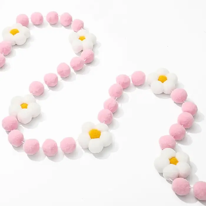 Guirlande murale en feutre à fleurs de printemps, bannière de boules pompon blanches, roses et jaune