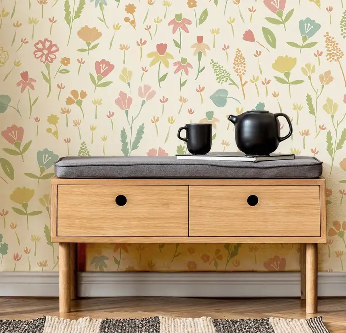Papier peint floral minimaliste rose pour mur, papier peint peler et coller avec des fleurs Non tissé/auto-adhésif, décoration de pièce