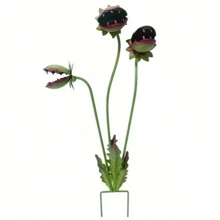 Décoration de jardin en métal peint en forme de fleur carnivore, sur piquet, 3 têtes de fleurs, idéa