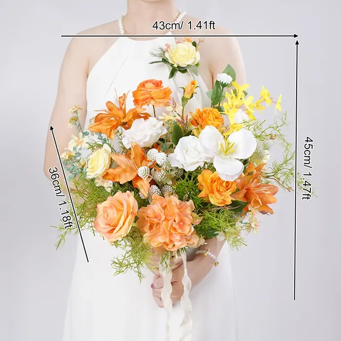 Bouquet de roses à main série Orange et blanc, accessoires floraux de mariage, fournitures pour évén
