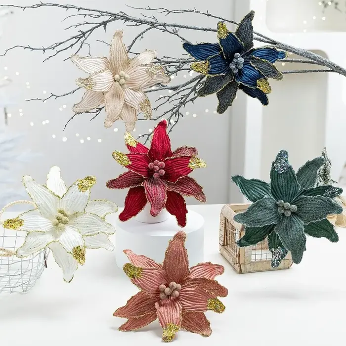 Fleur de noël artificielle en Faux velours avec paillettes