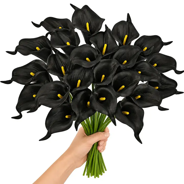 Bouquet de 10 tiges de Zantedeschia artificielles en noir minuit, style gothique sombre, faux lys calla pour Halloween